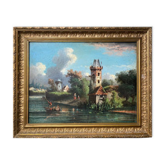 HST painting "Landscape with towns and fishermen" signed Texier + frame XIX°