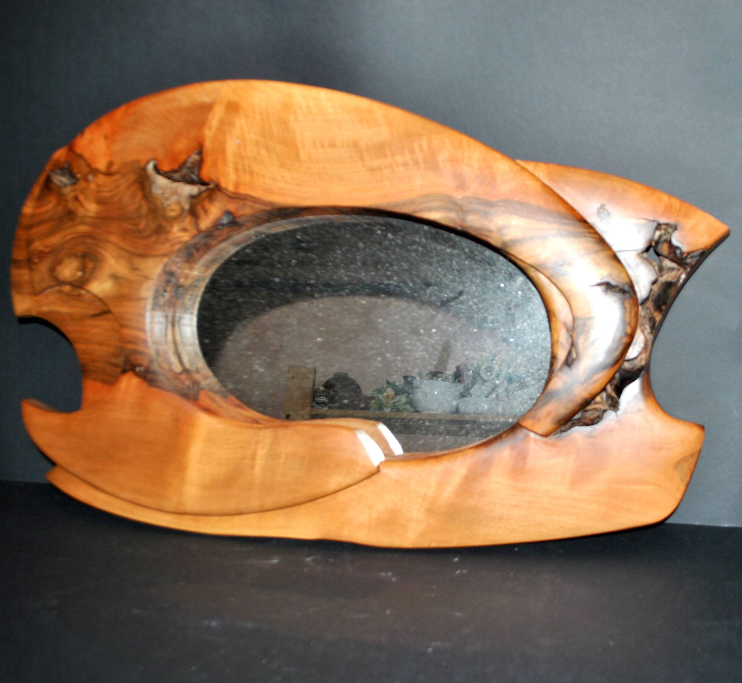 Vintage oval mirror in solid olive wood - Modernist design 1960-1970