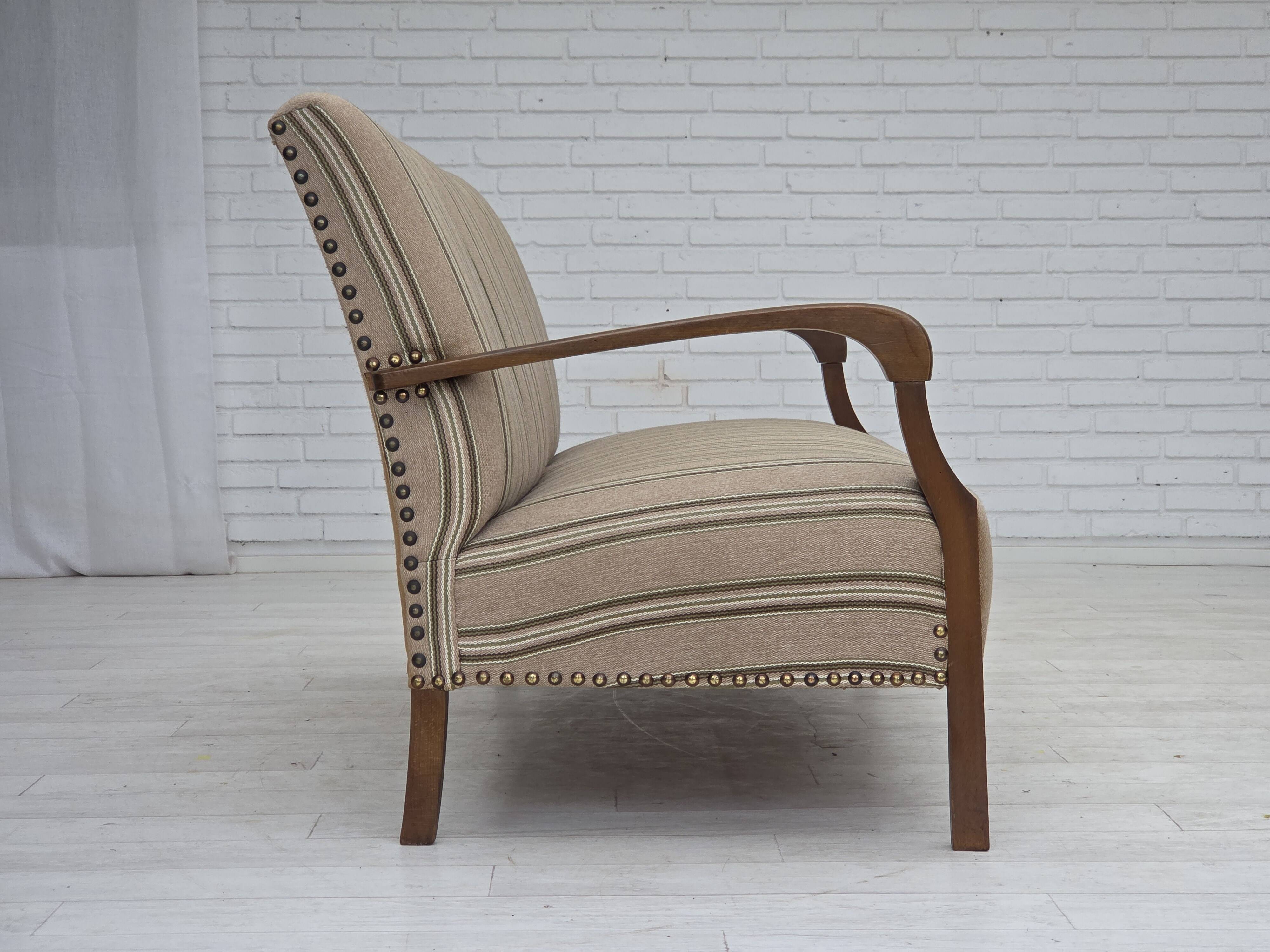 1950s, Danish 2-seater sofa, beige furniture wool fabric, beech wood legs.