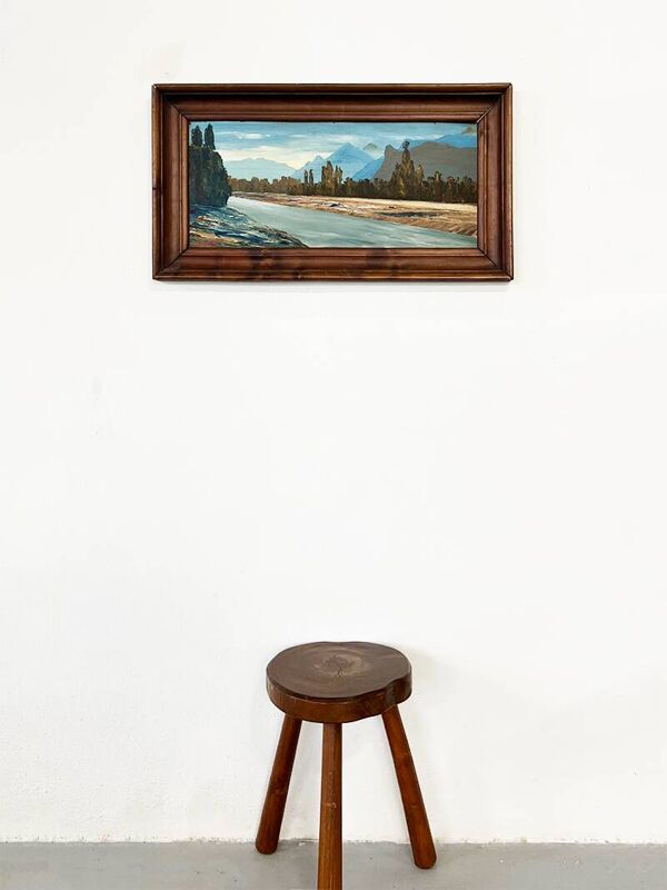 Tableau, huile sur carton « Rivière dans les Alpes »