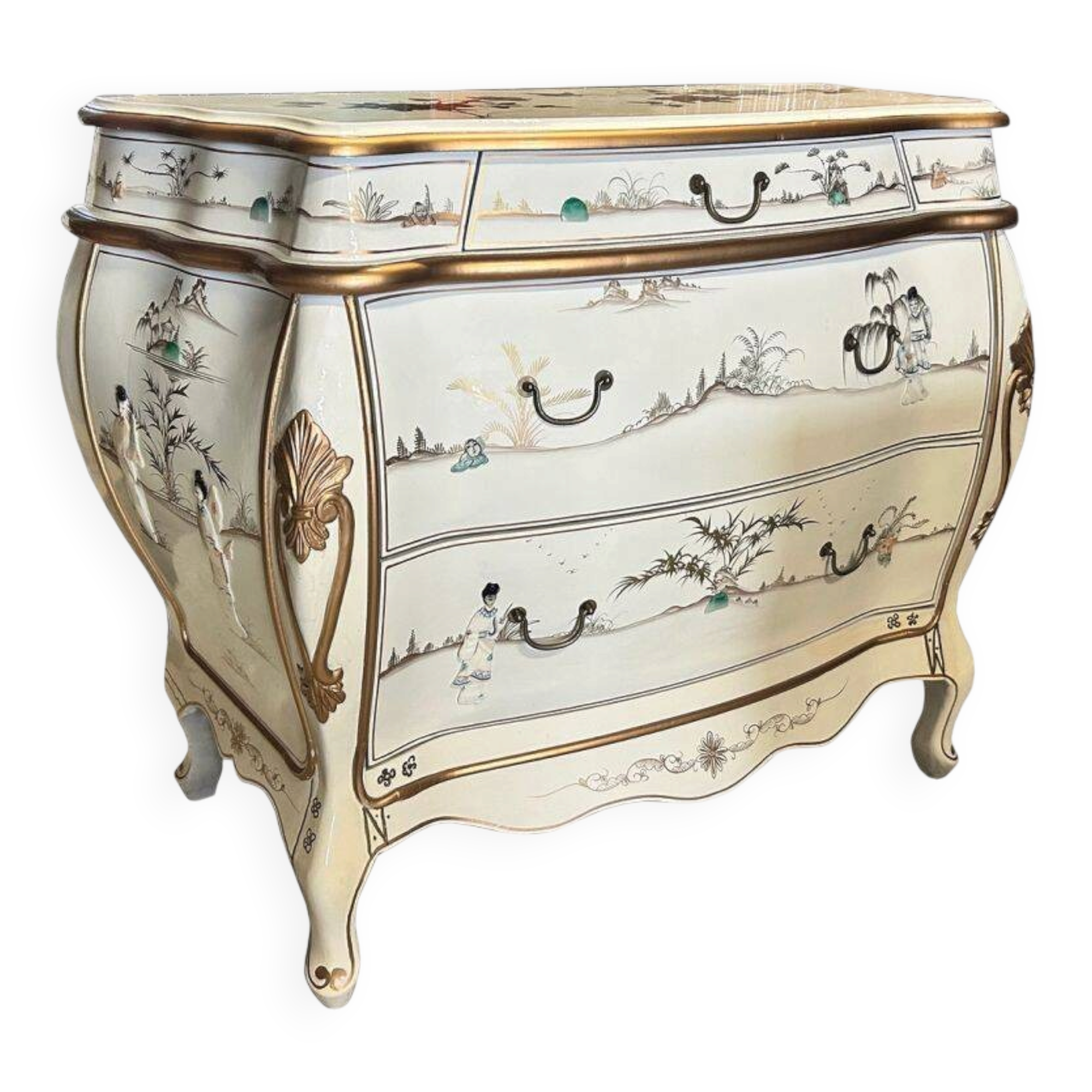 Commode chinoise laquée ivoire avec incrustations de geishas en nacre