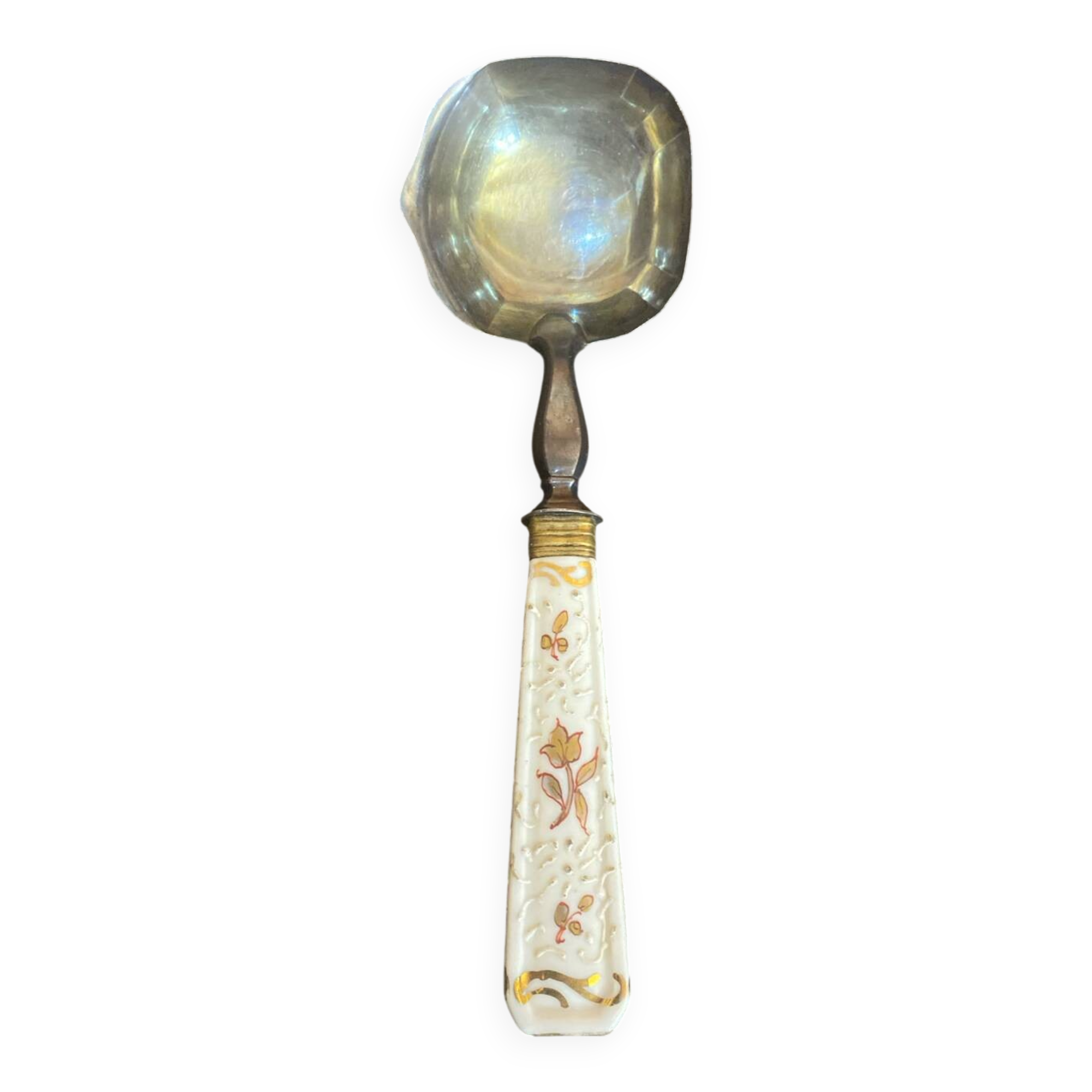 Cuillère de Service Louche Ancienne Metal Argenté + Manche Porcelaine