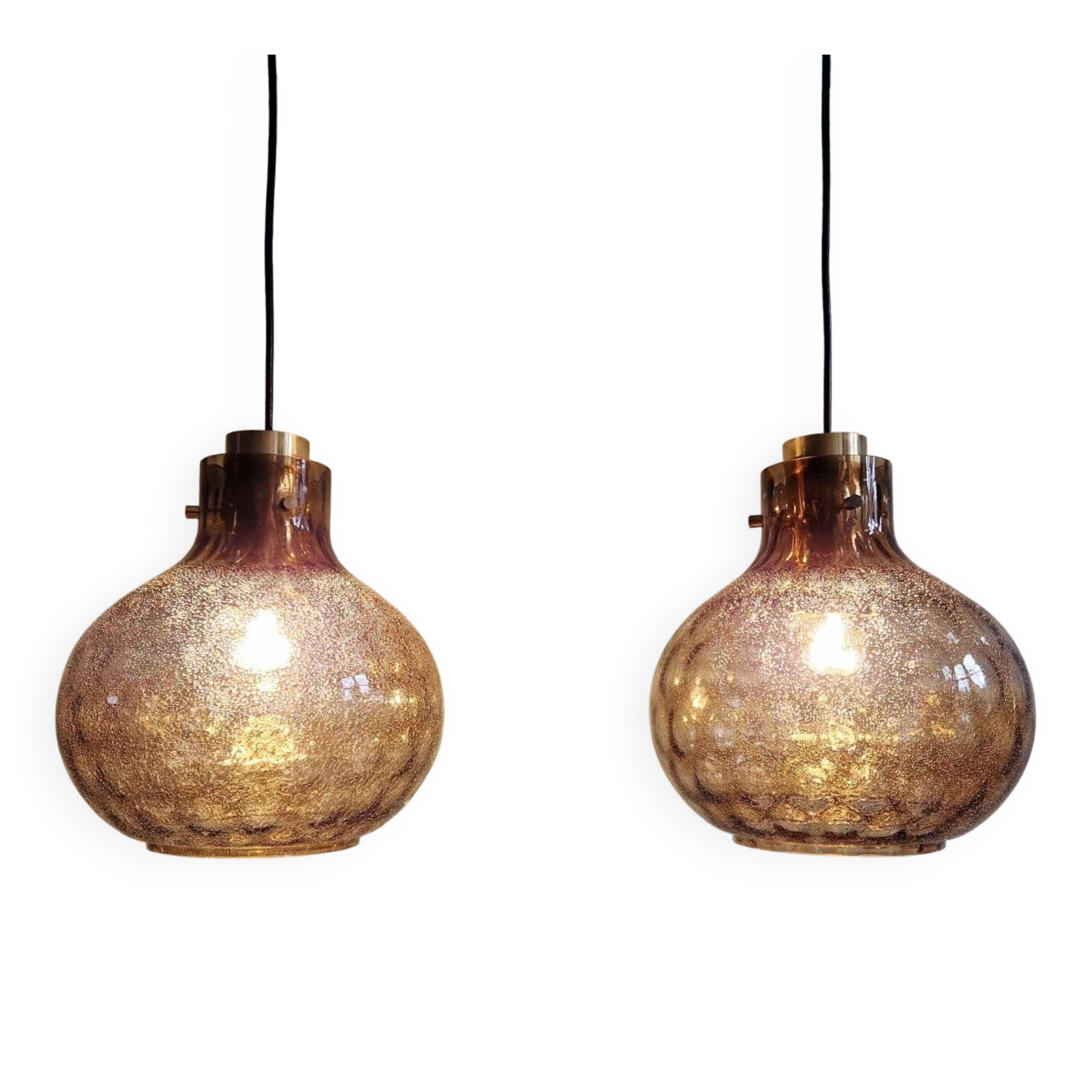 Pair of honeycomb smoked glass pendants, Glasshütte Limburg, 1970
