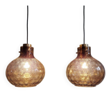 Pair of honeycomb smoked glass pendants, Glasshütte Limburg, 1970