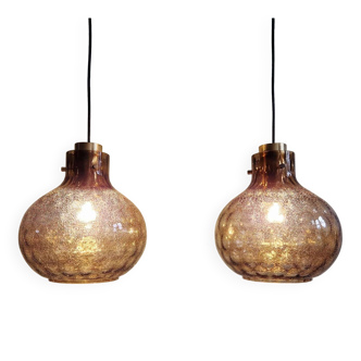Pair of honeycomb smoked glass pendants, Glasshütte Limburg, 1970