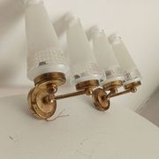 Pair of vintage double-light wall sconces in brass and etched glass from the 60s/70s.