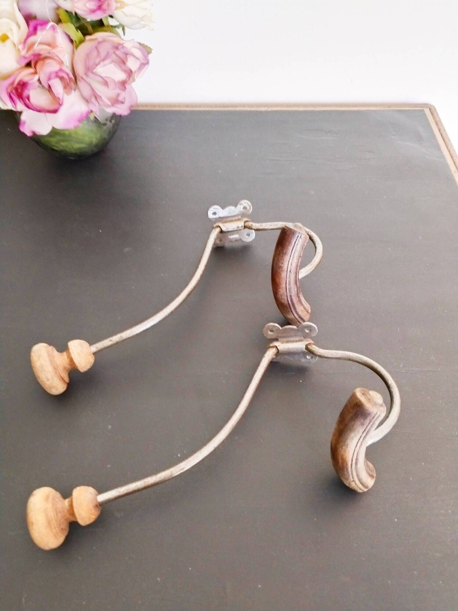Coat racks in wood and iron, vintage coat hooks, 50s/60s, cloakroom