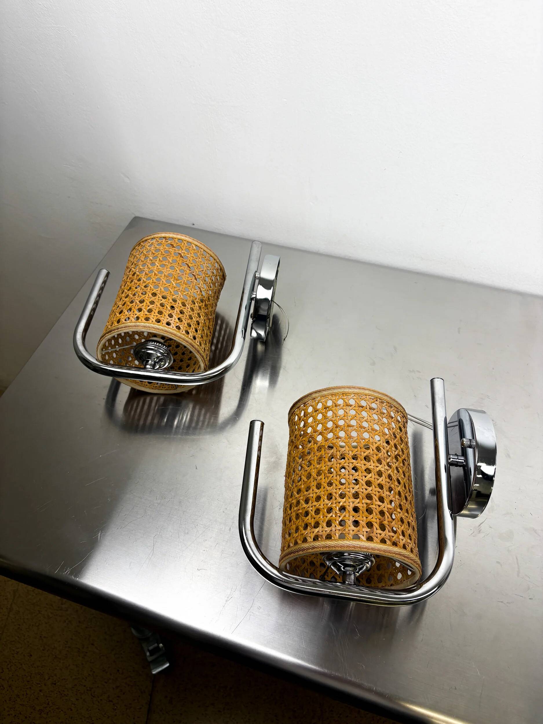 Pair of vintage rattan & chrome wall lights, Italy, 1970s