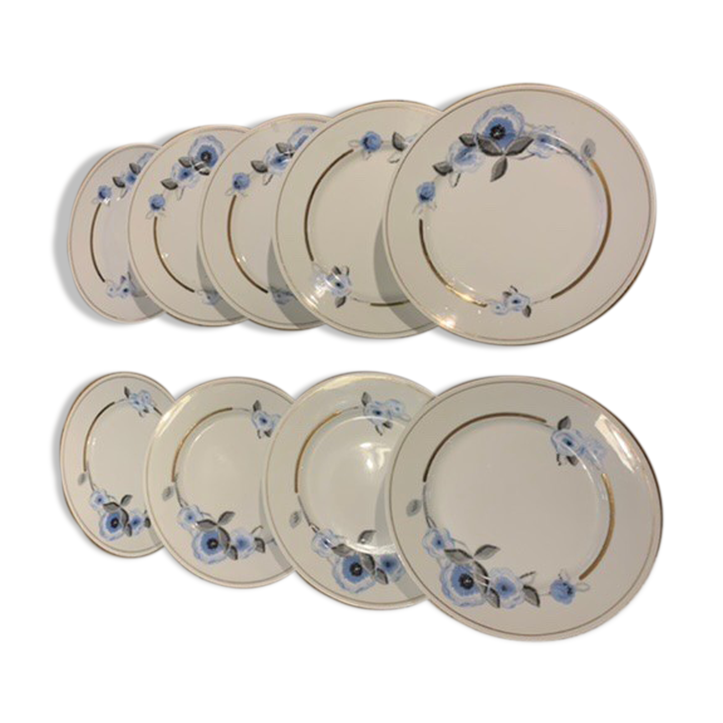 9 white porcelain plates of art deco blue flower limoges