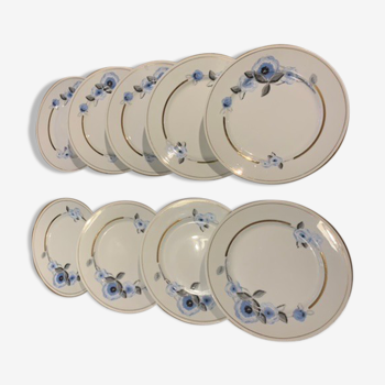 Set de 9 assiettes en porcelaine blanches de limoges fleurs bleues art deco