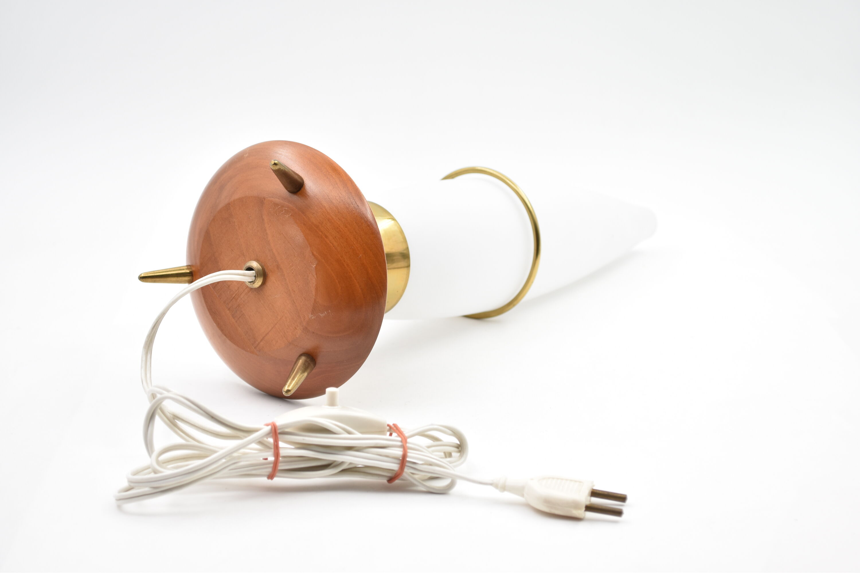 Lamp tripod vintage teak brass opaline