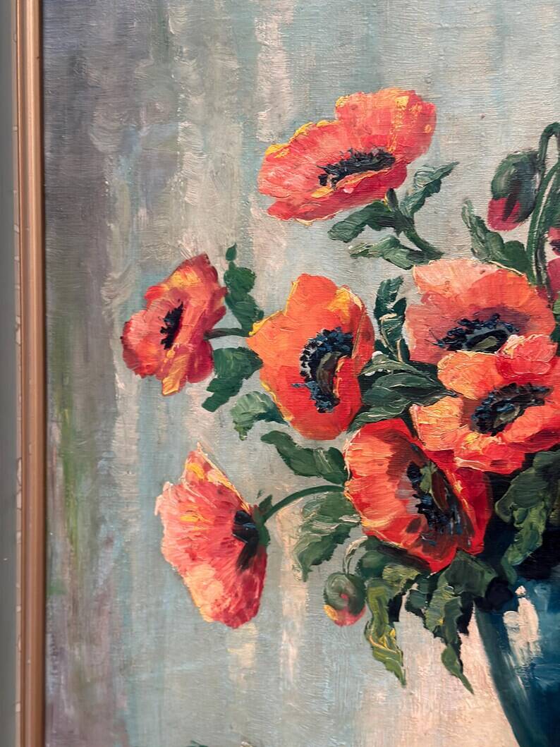 Original Swedish Oil on Canvas – "Red Poppies in a Blue Vase" by C. Horst – Signed – Vintage and Framed – 72 × 62 cm (28.3" × 24.4")