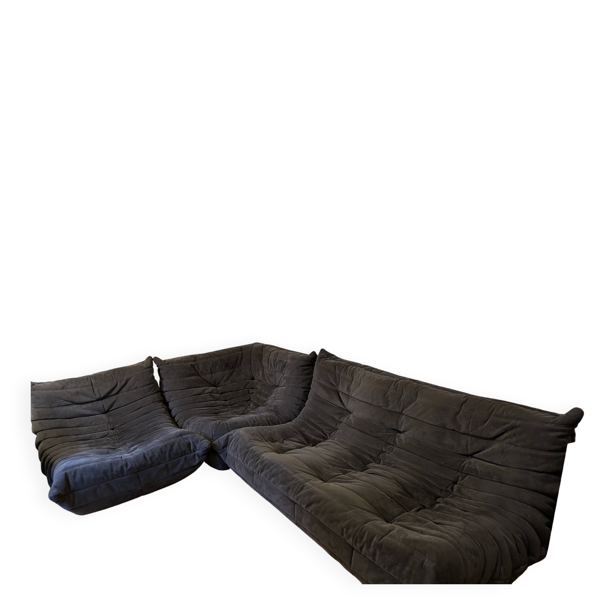 Togo Set by Ligne Roset, 3-seater sofa, corner piece and armchair in grey alcantara.