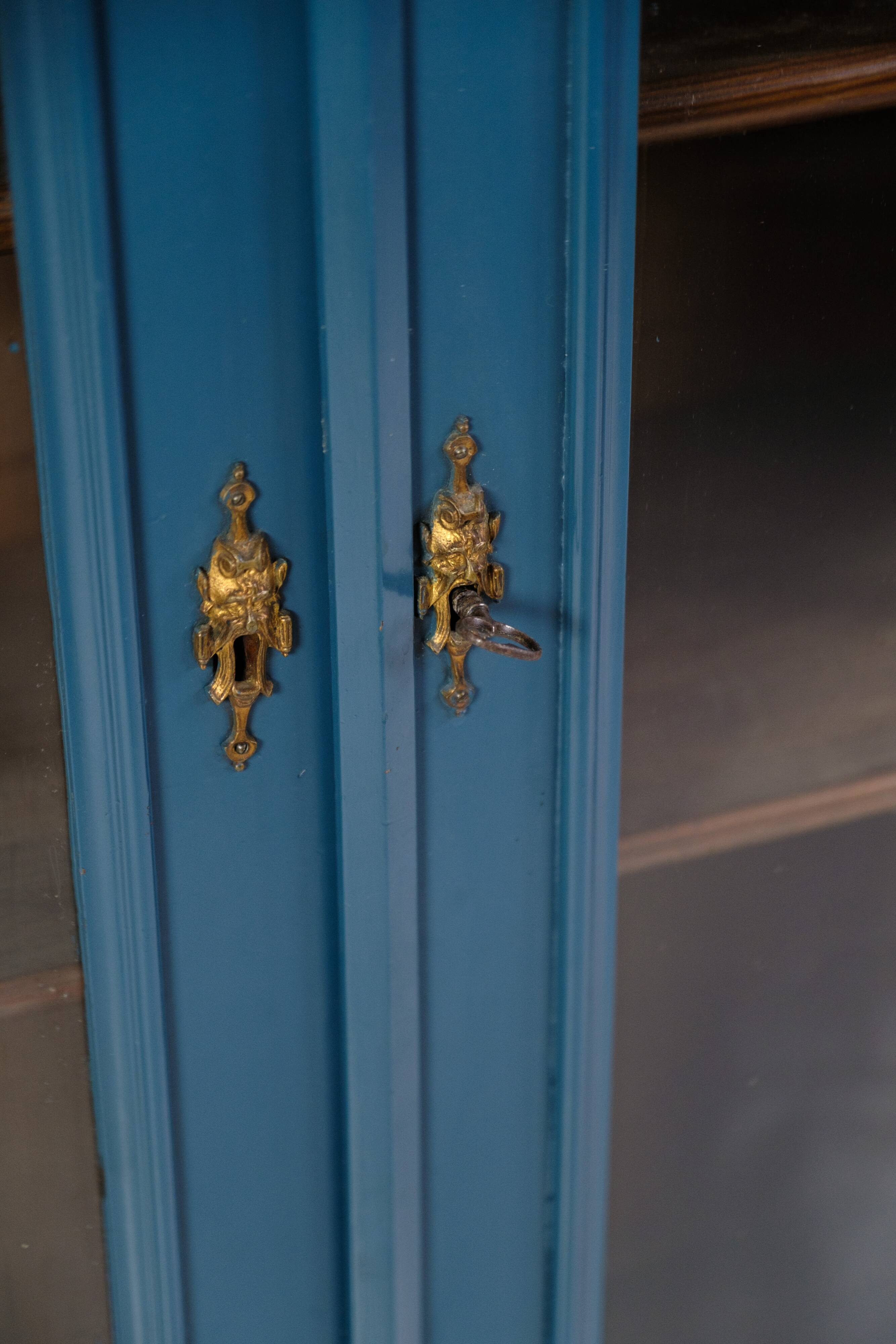Antique Display Cabinet Painted Blue From 1920s