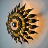 Sun wall lamp by ferro arte, metal and gold leaf, Spain, 1960