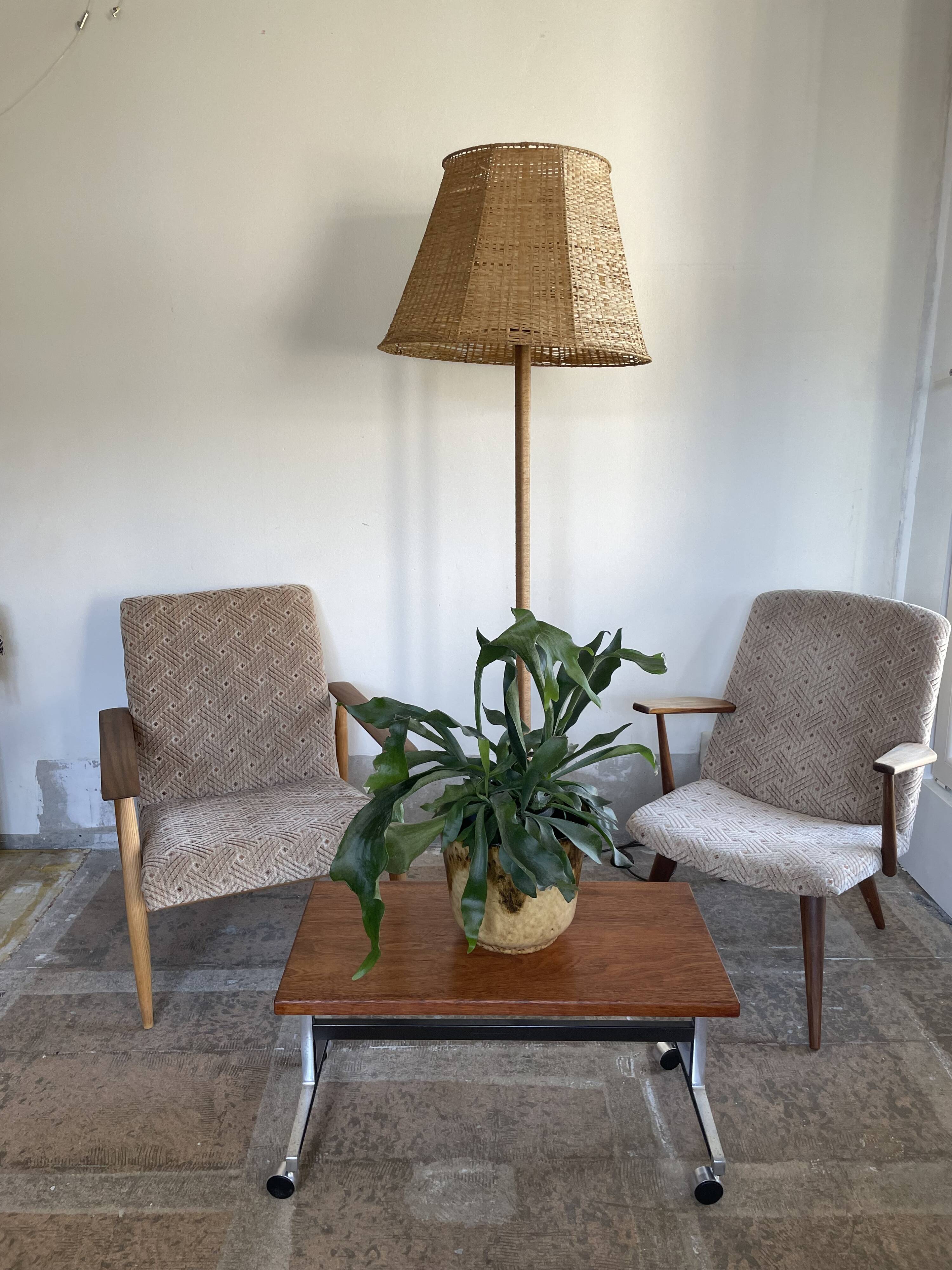 Teak base with raffia and a big papercord lampshade