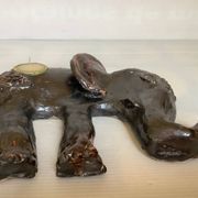 Iridescent ceramic elephant candlestick signed