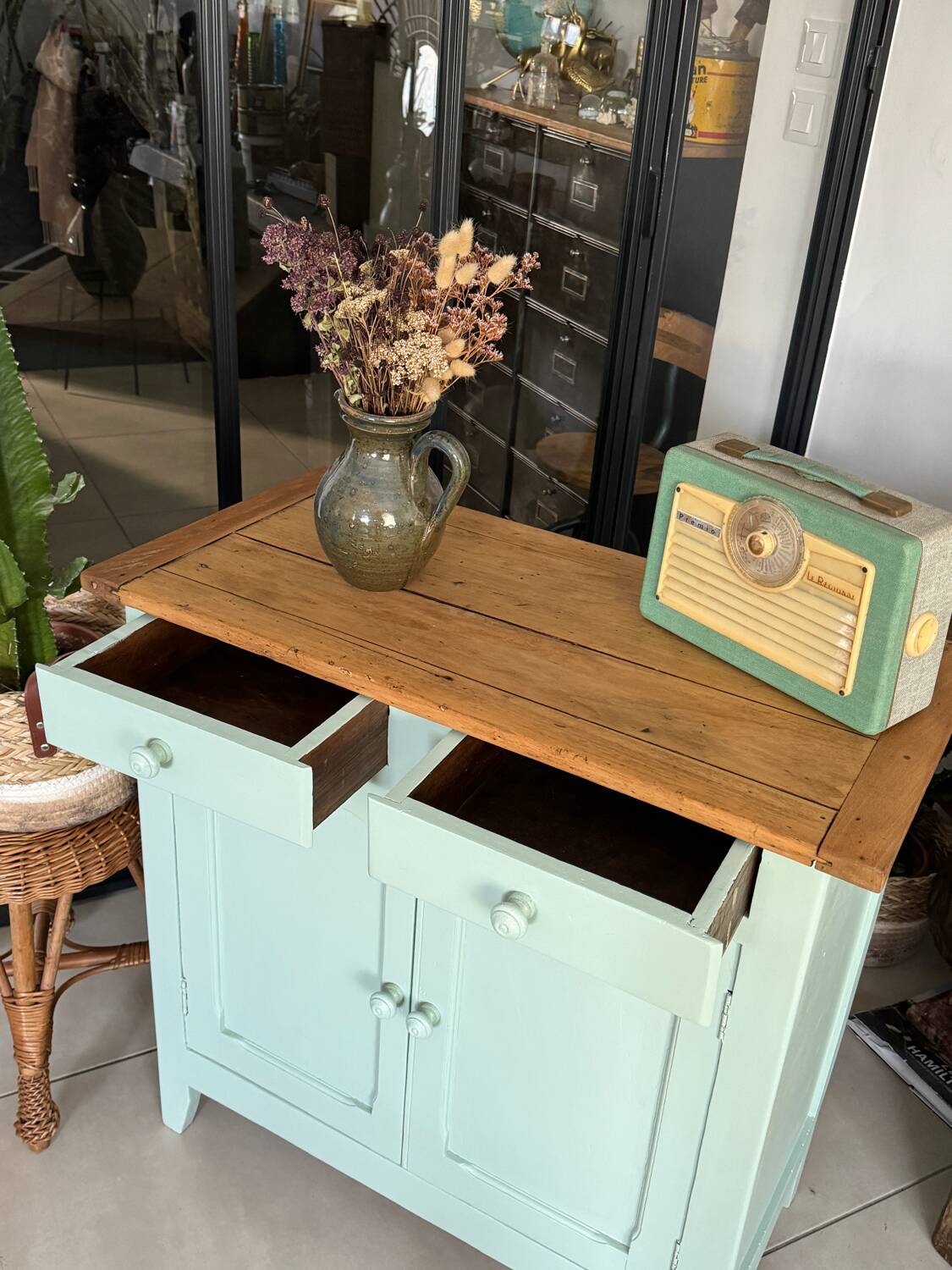 Old vintage Parisian almond green buffet
