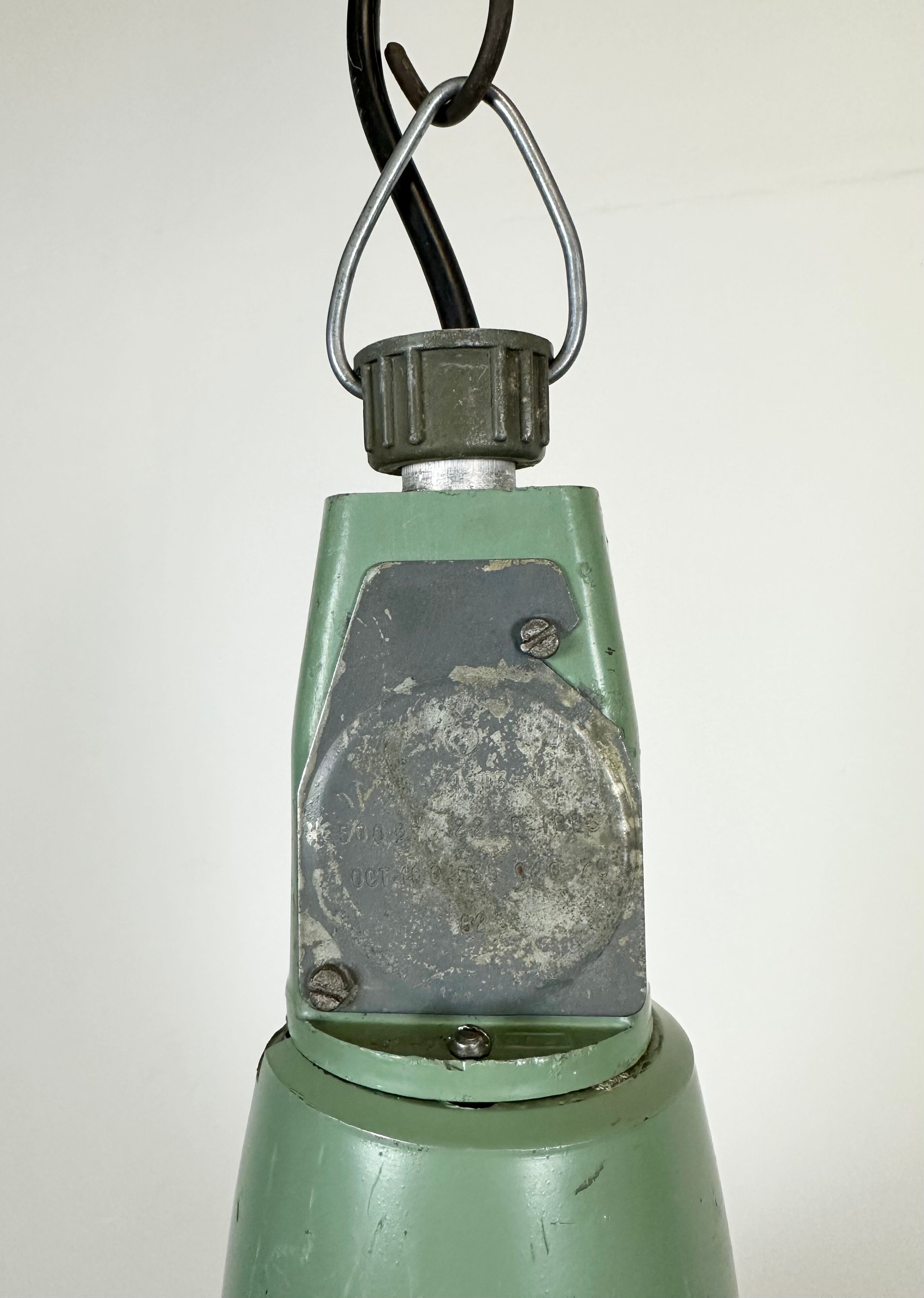 Industrial soviet green enamel pendant light with glass cover, 1960s