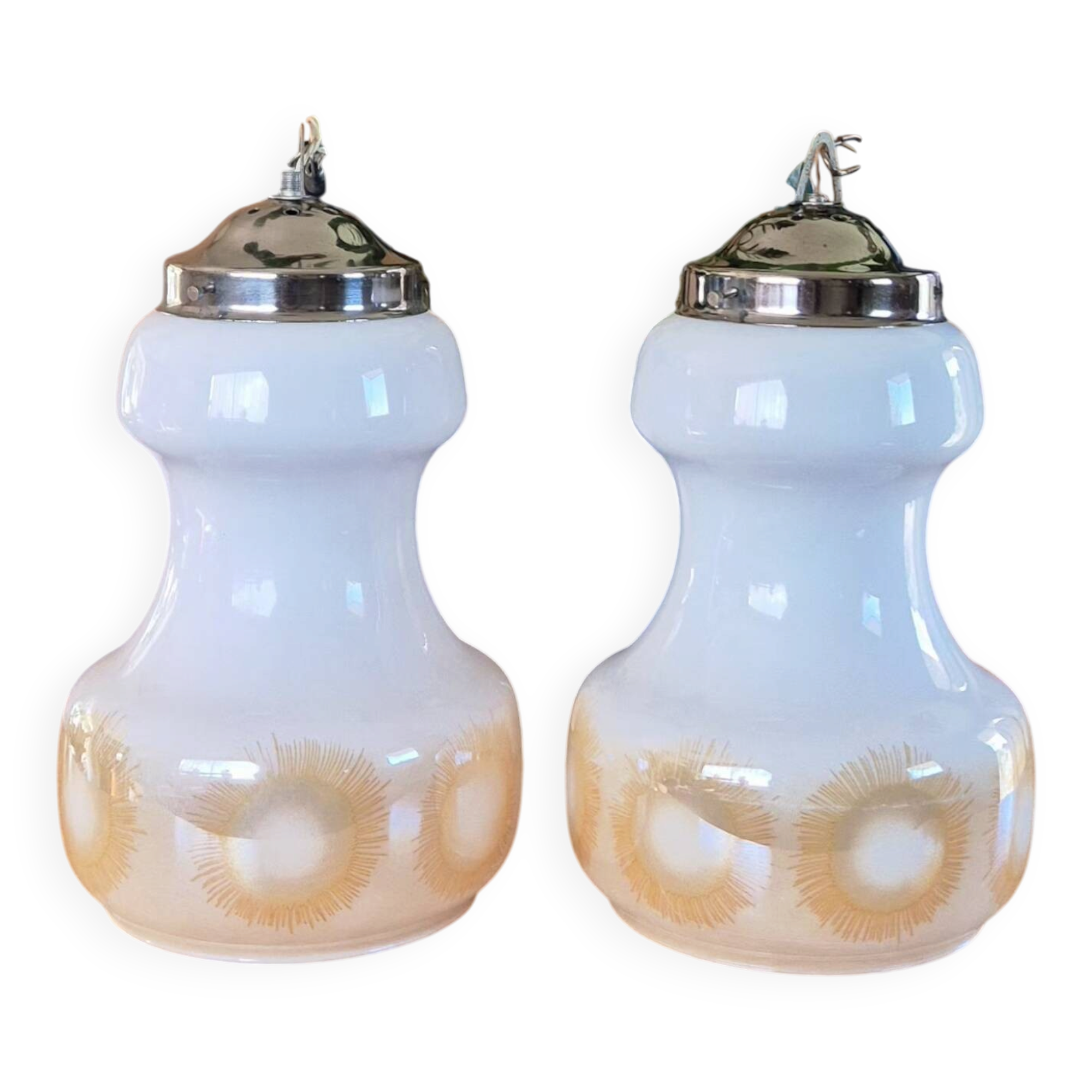 2 vintage pendant lights in white opaline with orange patterns and chrome.