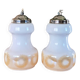 2 vintage pendant lights in white opaline with orange patterns and chrome.