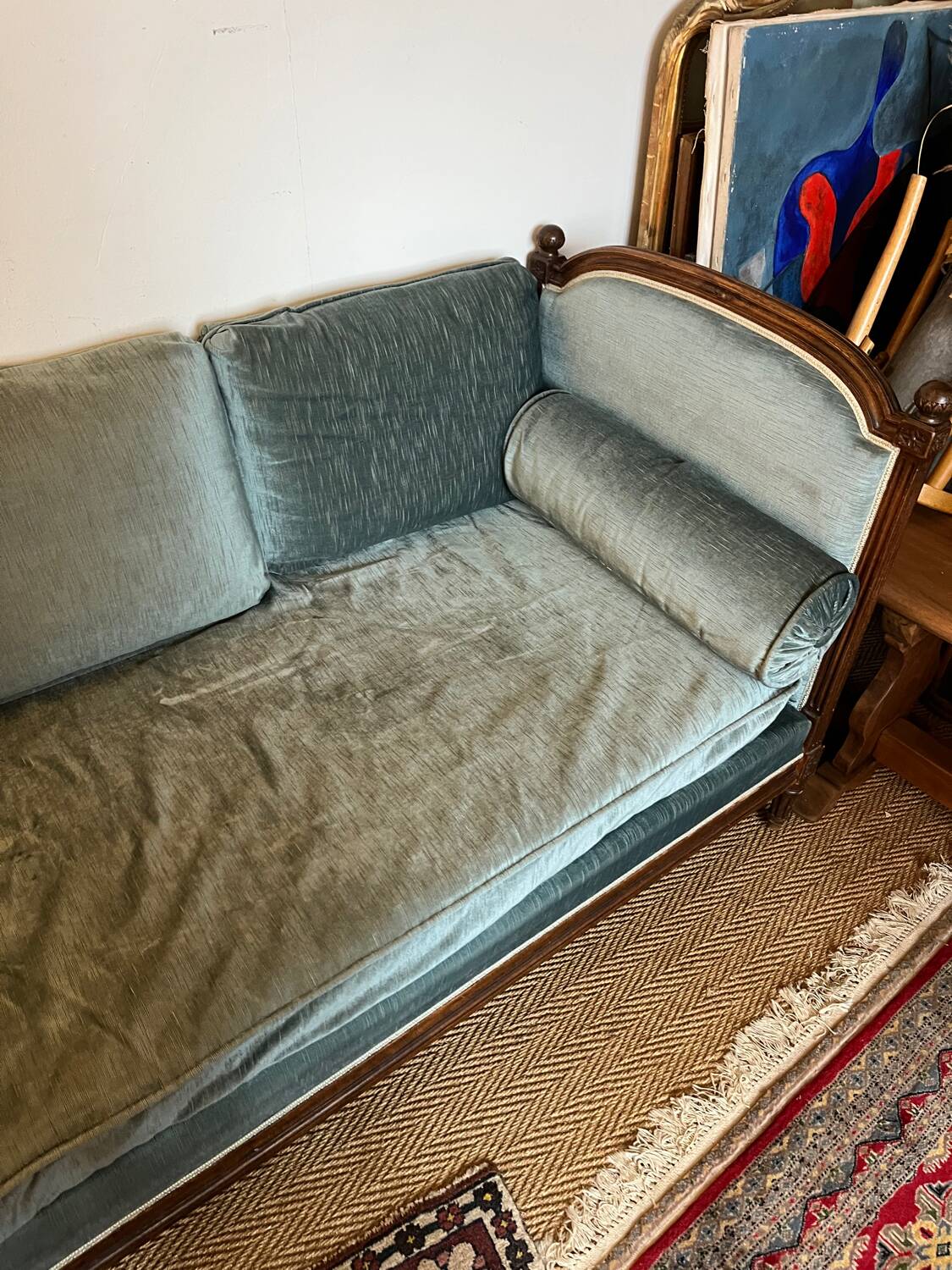 Vintage Louis XVI style blue velvet sofa