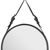 Miroir rond en cuir noir et laiton de Jacques Adnet, édition contemporaine Gubi