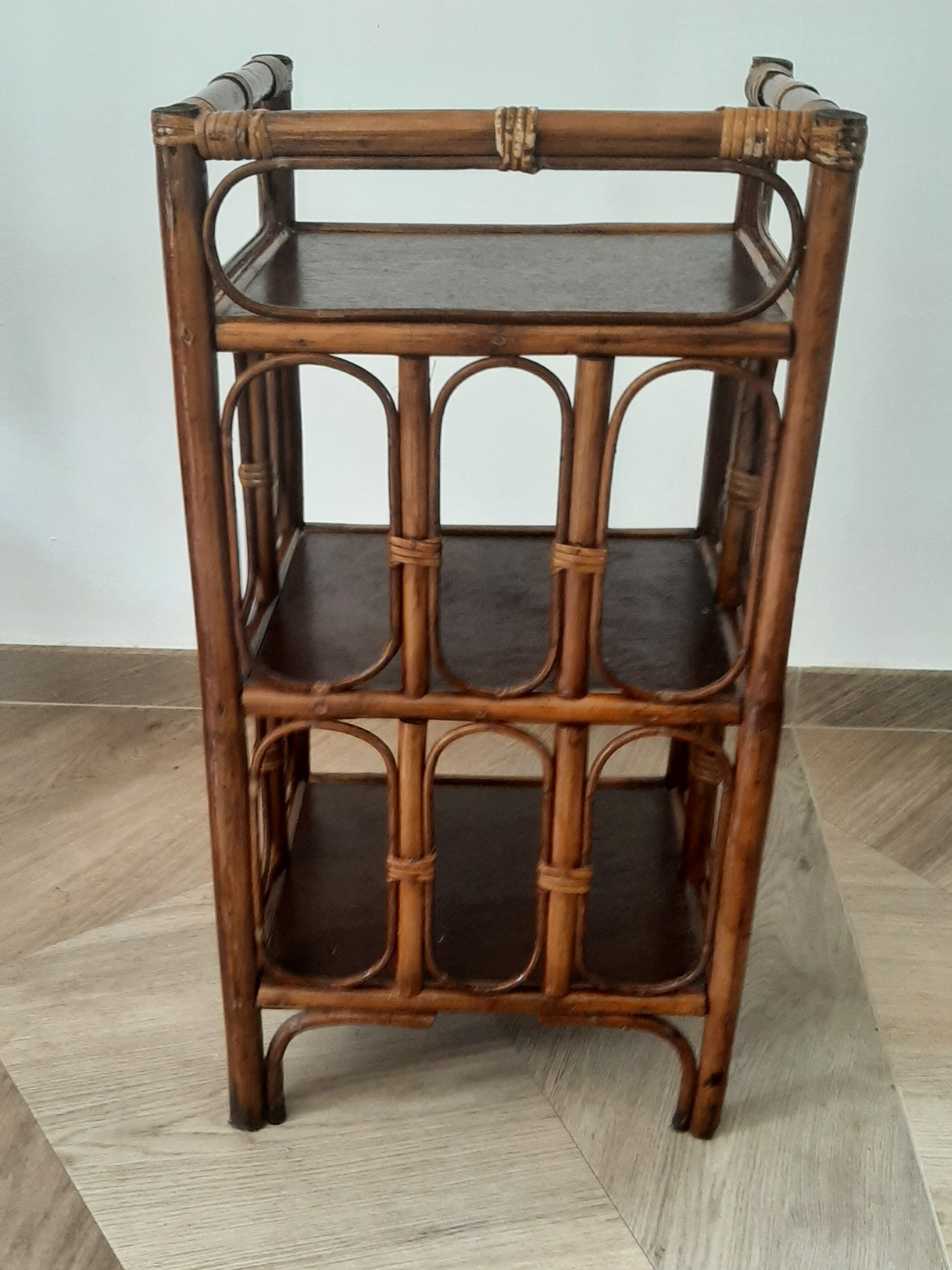 Vintage - set of 2 shelves of wooden floor, bamboo and rattan - 3 levels- retro 80s
