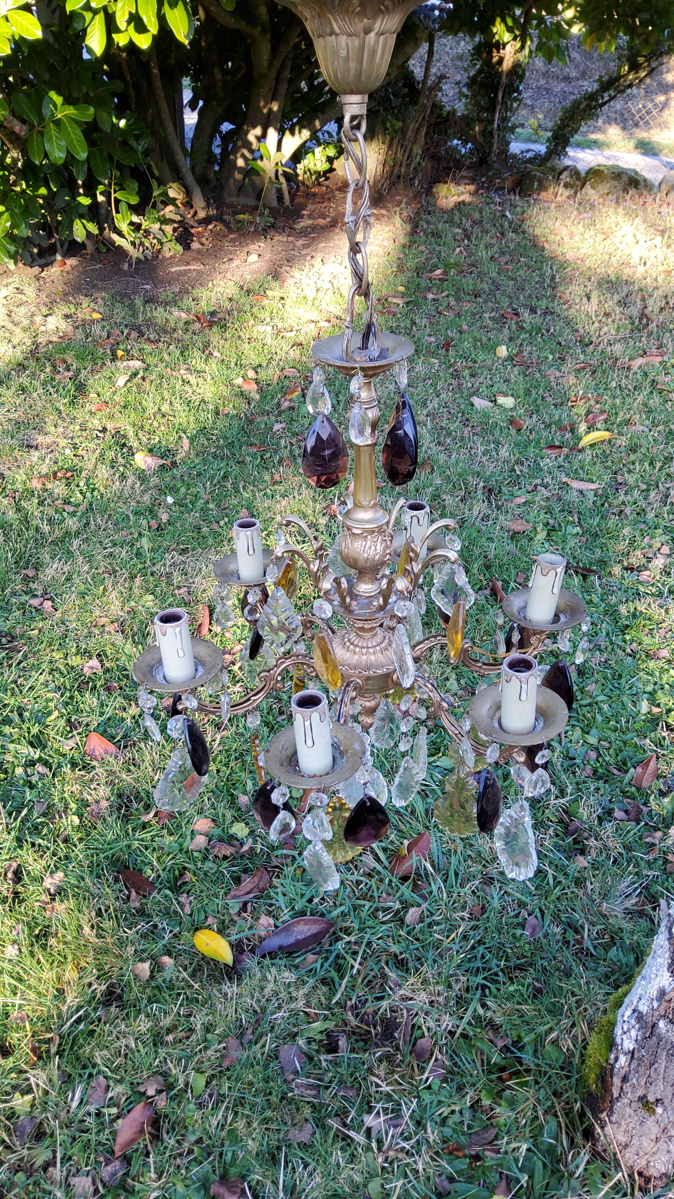 Bronze chandelier with grapevines of amber purple crystal color 6 branches