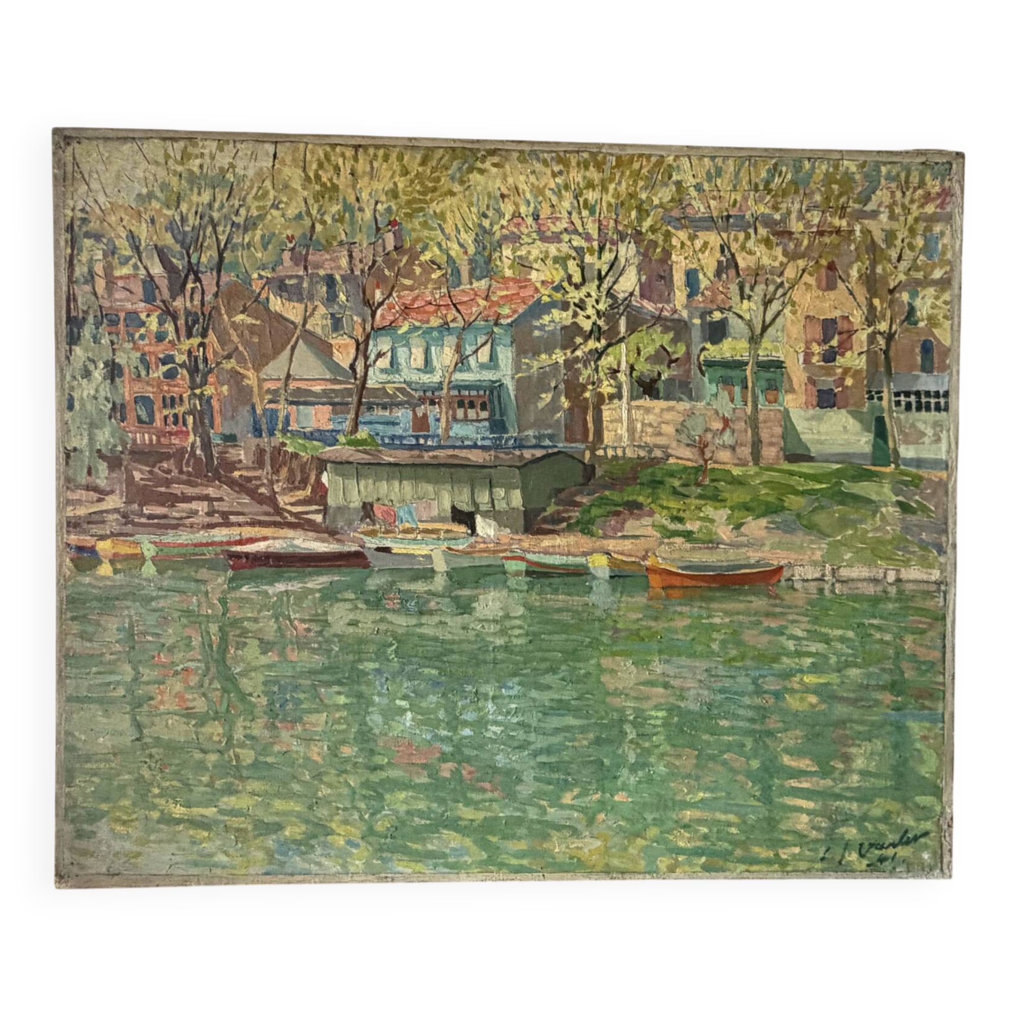 "The guinguette at noon" oil on canvas signed LJ Varlet 1941