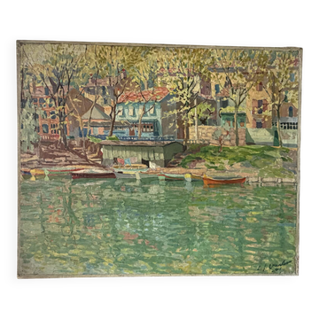 "The guinguette at noon" oil on canvas signed LJ Varlet 1941