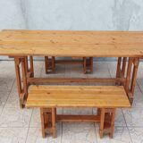 Vintage solid pine table and benches