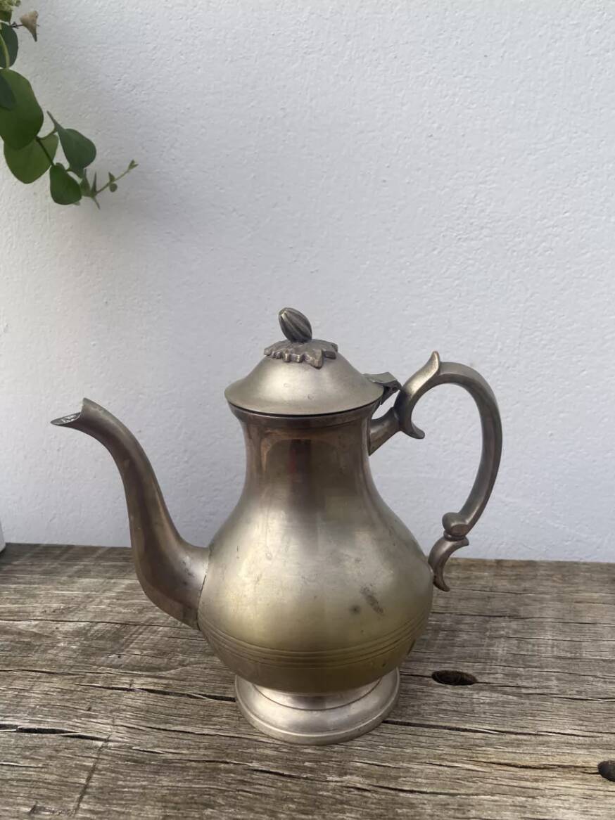 Large old English 19th century gilded metal teapot