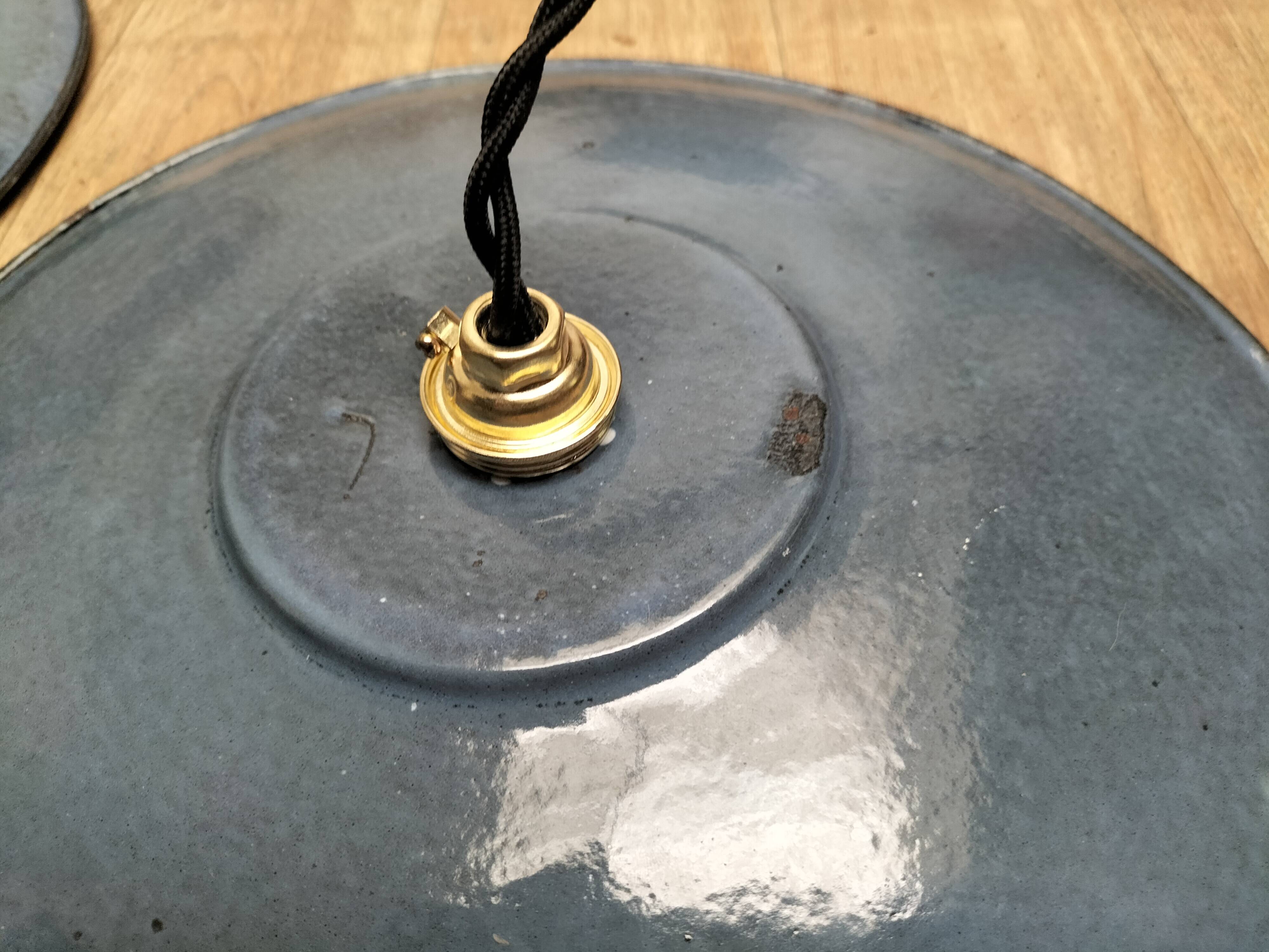 3 blue enameled sheet metal pendant lights