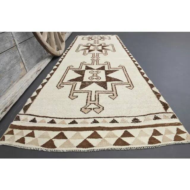 1970s Turkish Hand-Knotted Wool Cotton Beige Runner Rug 112x340