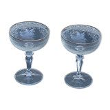 Two crystal champagne glasses and gilded borders antique engraved pattern