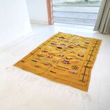 Moroccan kilim rug, colourful vintage tribal flat-woven rug.