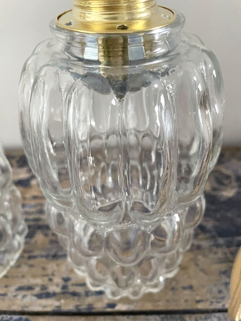 Set of two vintage electric chiseled glass walking lamps