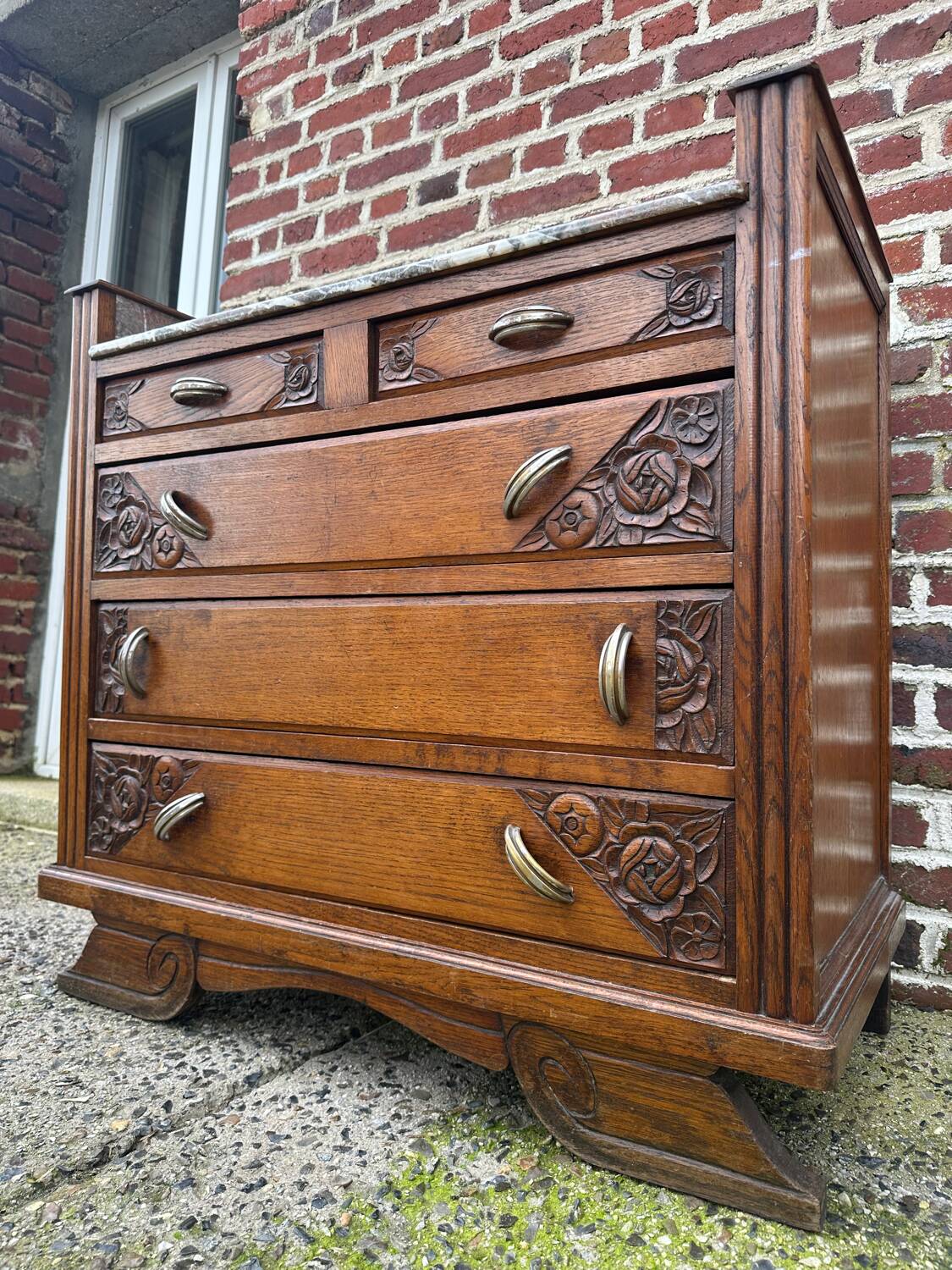 Art Deco chest of drawers, marble top, solid oak, dressing table
