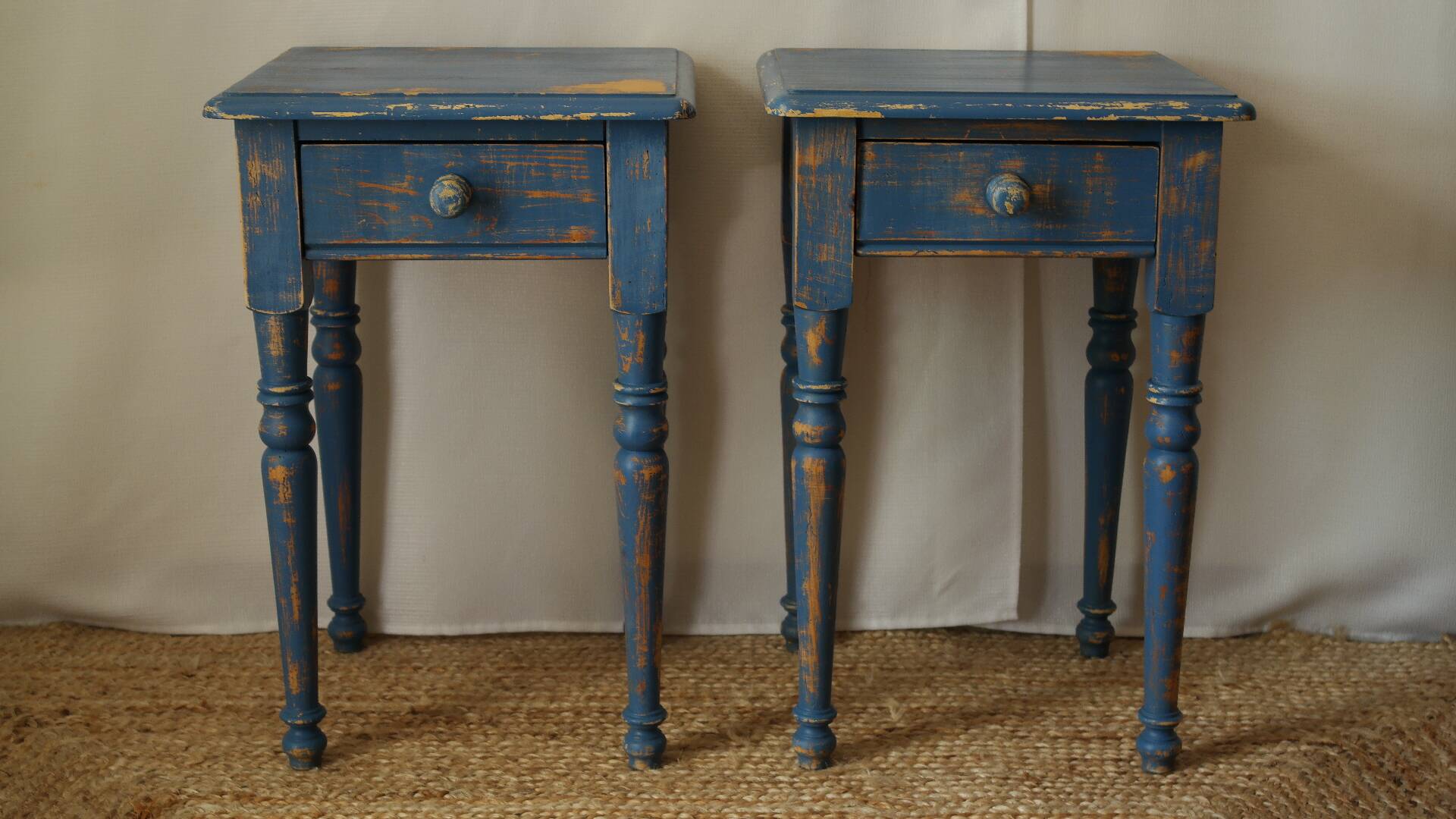 Pair of vintage country bedside tables with blue patina