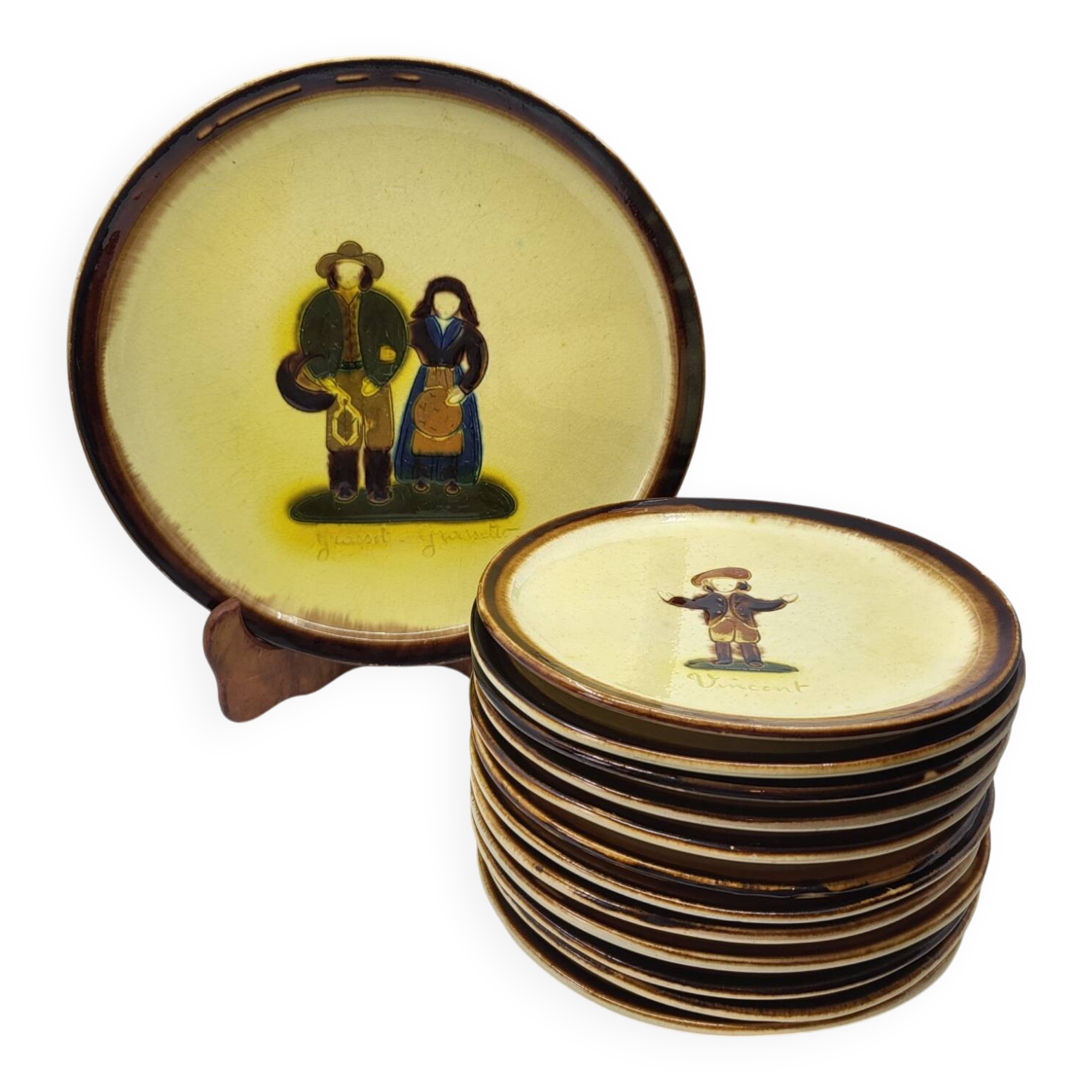 Dessert service Atelier Cerenne Vallauris Santons of Provence France 1950