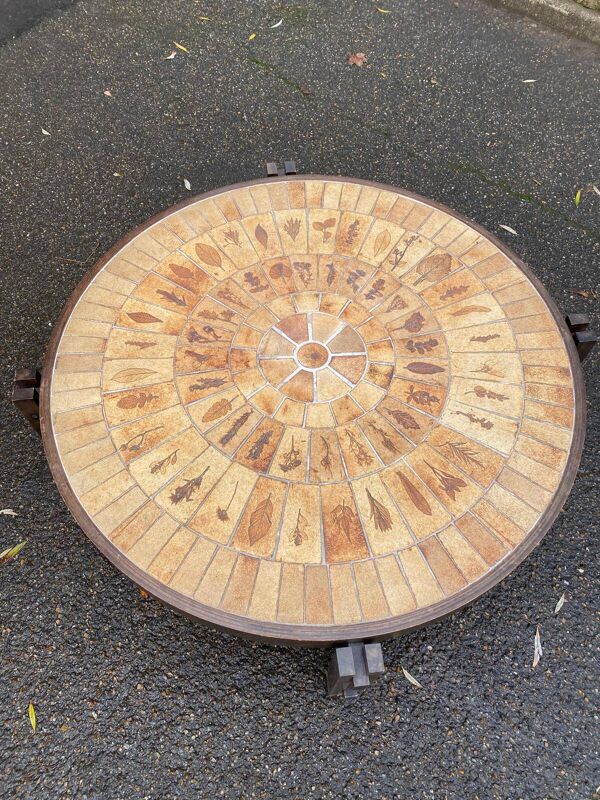 Table basse vintage Roger Capron céramique et herbiers 105cm