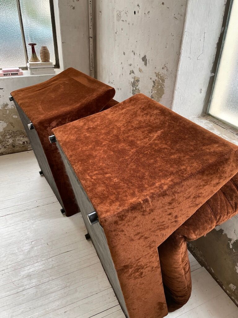 Pair 70s brown velvet armchairs