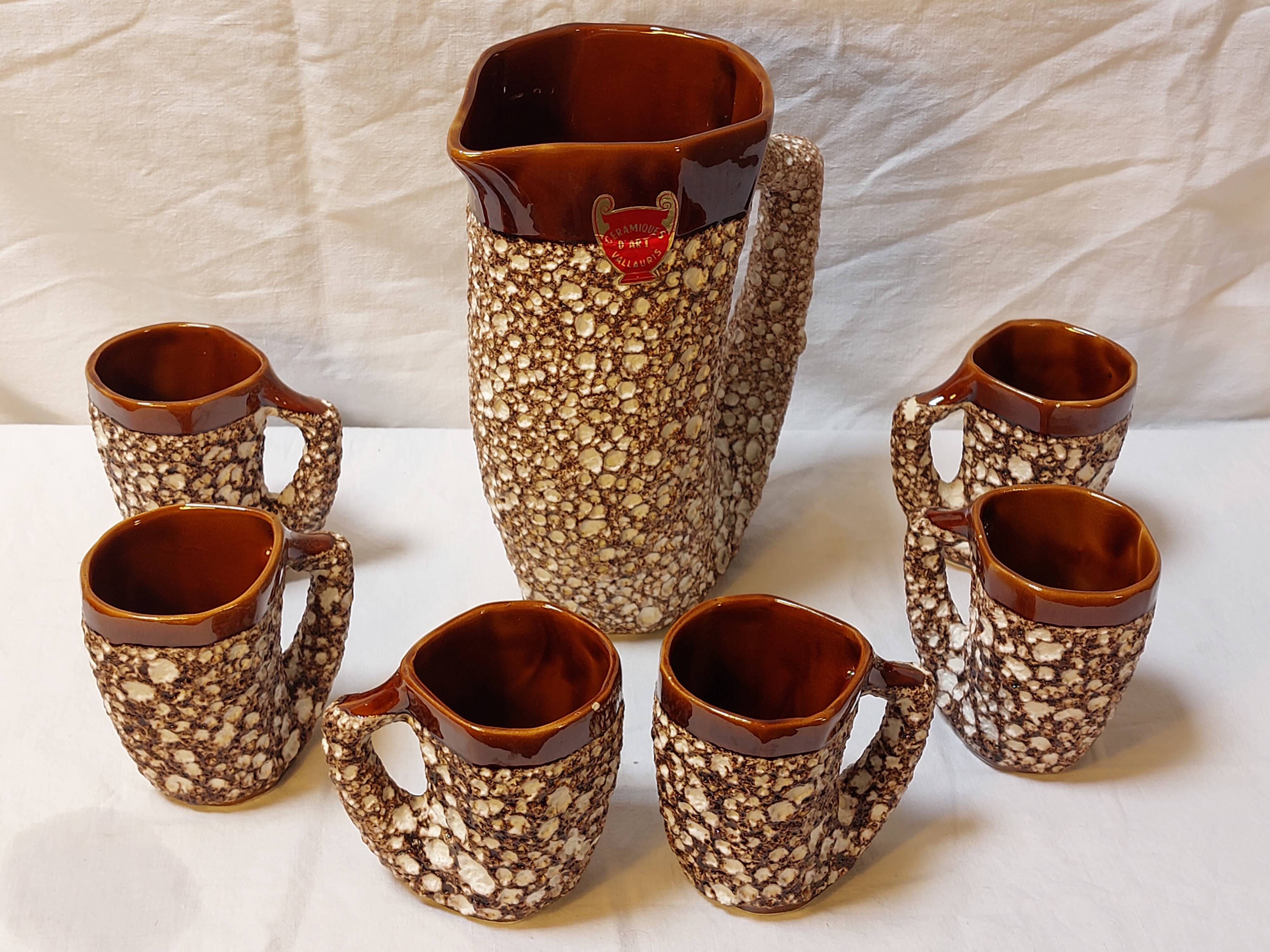 Vintage Vallauris orangeade service with 6 brutalist ceramic glasses.