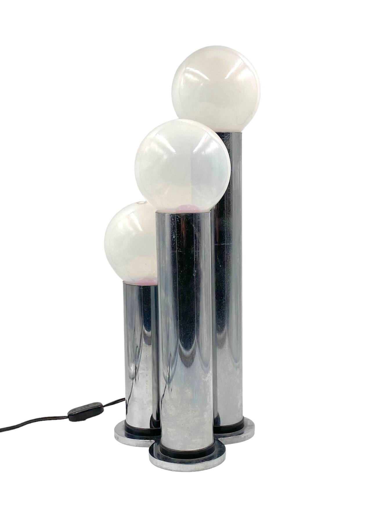 Hollywood regency 3 lights metal and opaline glass table lamp, Lama, Italy 1970s