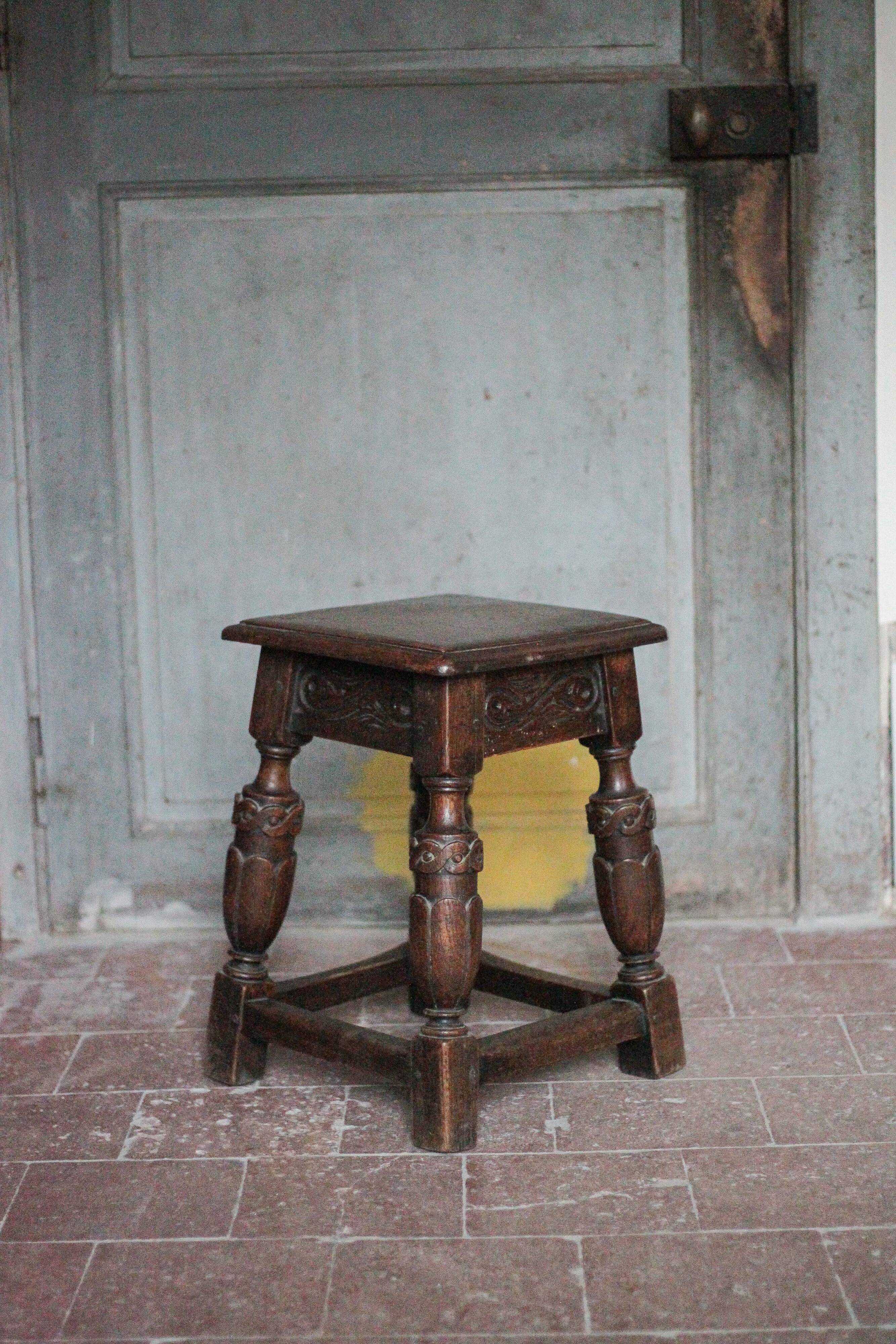 Antique wooden stool in Elizabethan English style, occasional stool