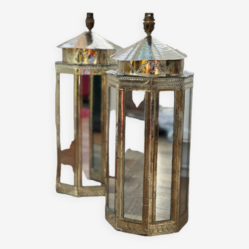 Lampes de table à miroir octogonal plaqué laiton signé Rodolfo Dubarry