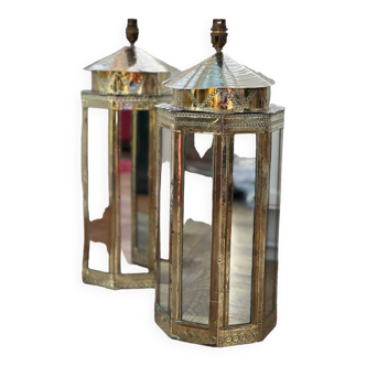 Lampes de table à miroir octogonal plaqué laiton signé Rodolfo Dubarry
