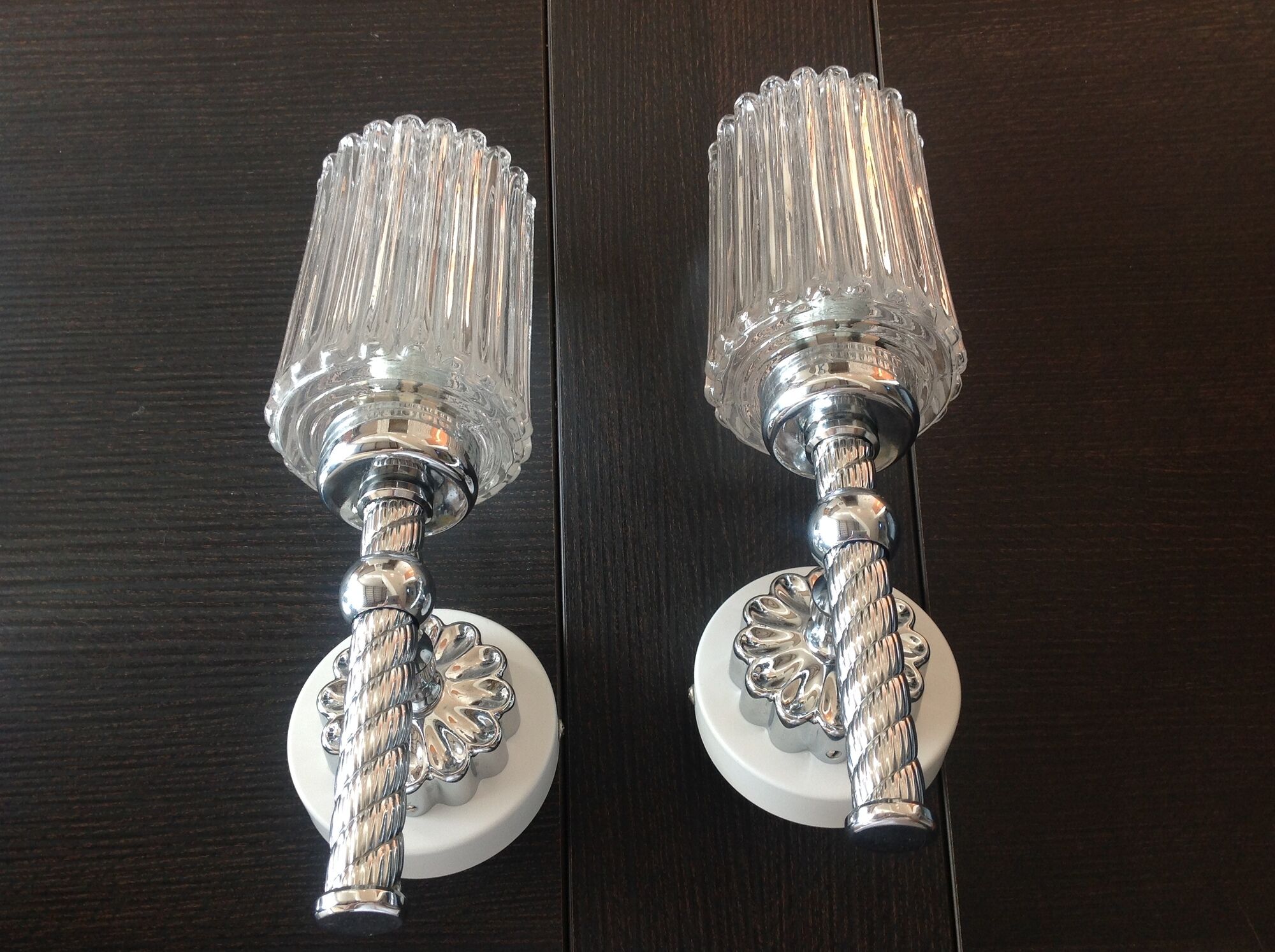 Pair of torch  in glass and chrome metal / vintage 70s wall light