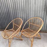 Vintage rattan wicker garden furniture set with 2 shell armchairs and a bar table